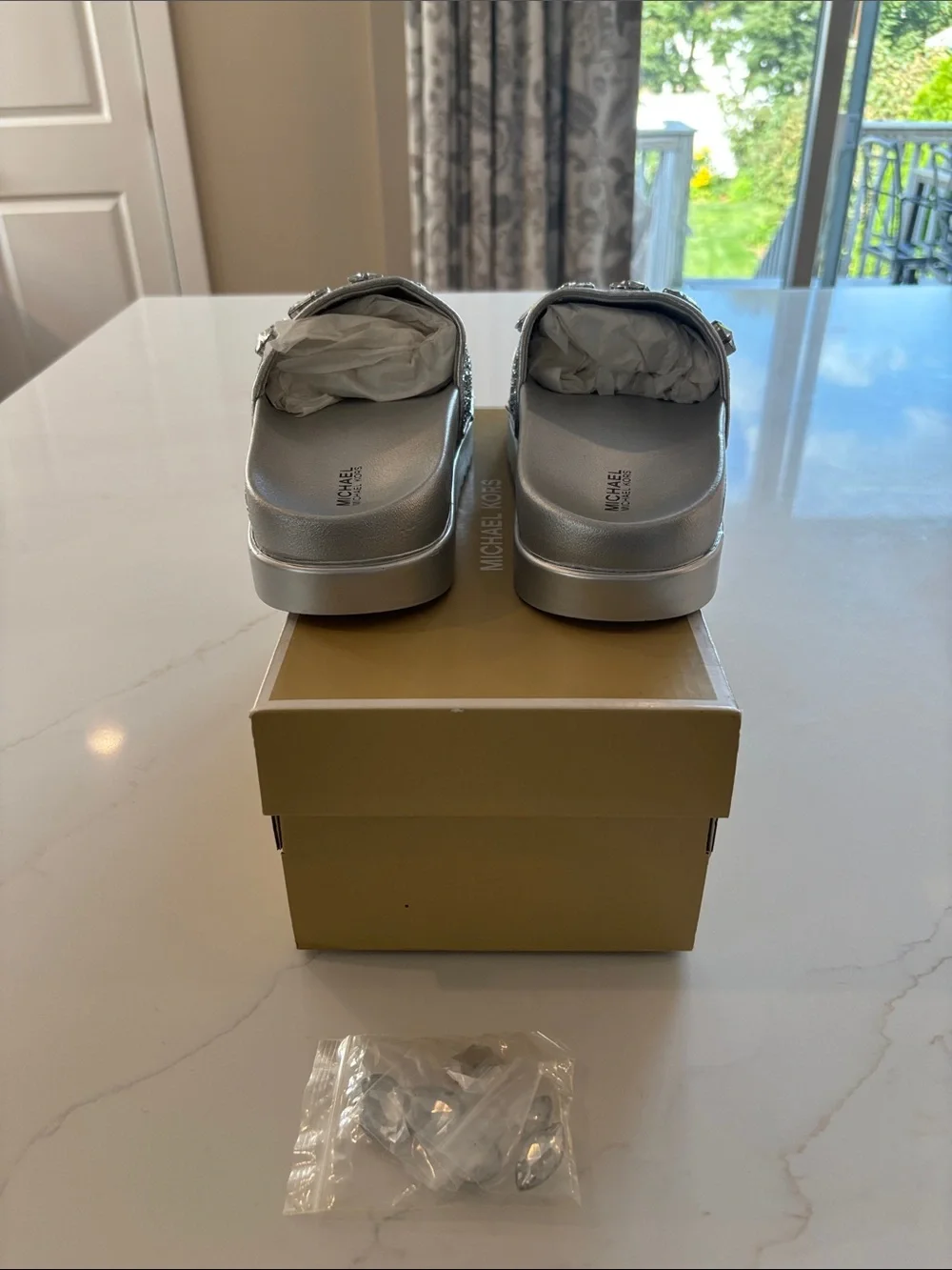 Michael Kors Silver Crystal Embellished Slide Sandals